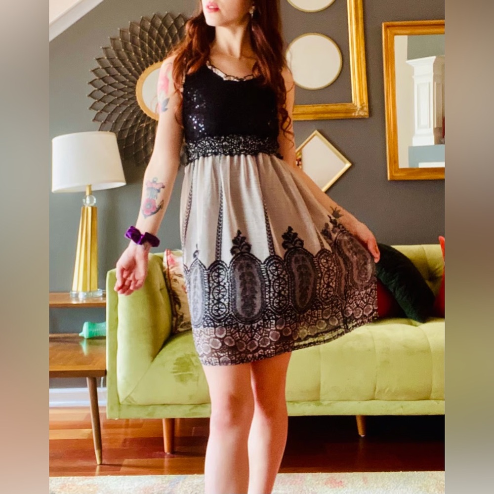 American‎ Rag Cie Black Cream Sequin Organza Print Fit Flare Dress Medium M